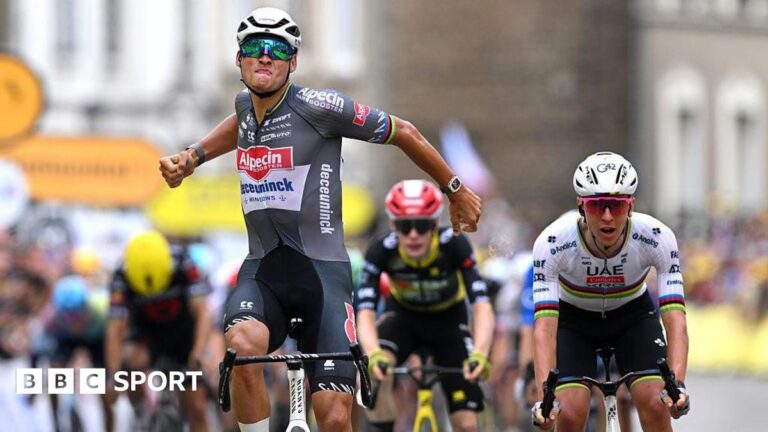 Tour de France: Mathieu van der Poel edges out Tadej Pogacar in sprint finish to win stage two