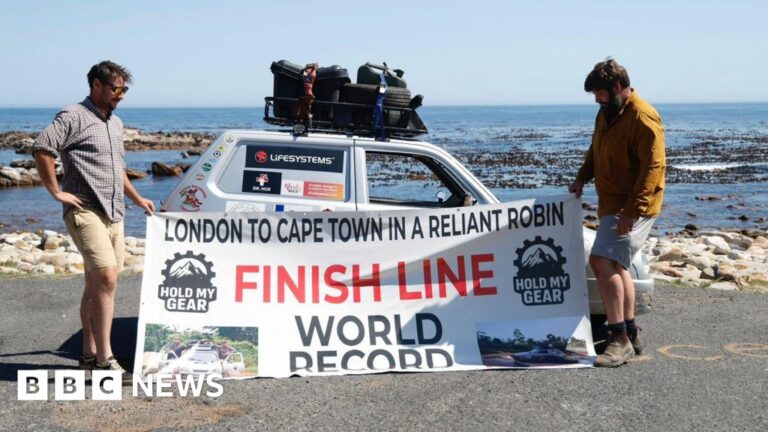 Three-wheeled car reaches Cape town finish line after leaving Devon